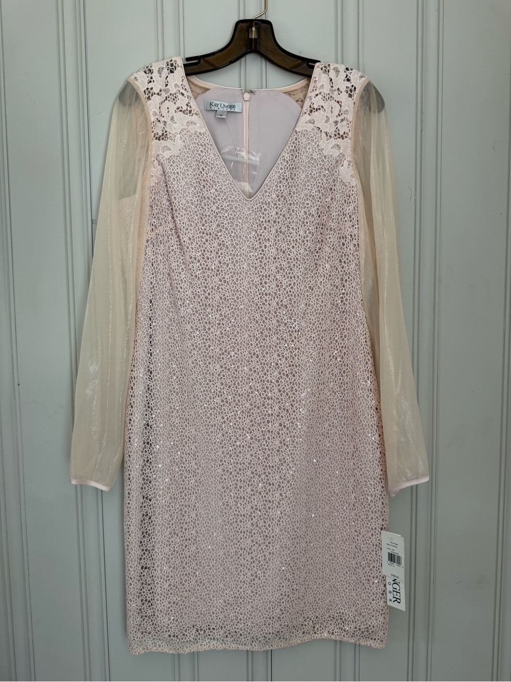 Kay Unger Blush Lace Overlay Long Sleeve Cocktail Dress